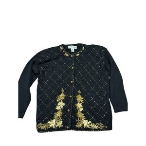 Victoria Harbour black gold embellished sequin beaded holiday sweater L